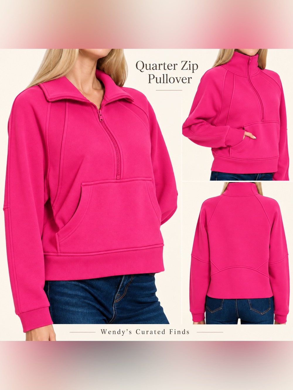 Zenana Fuchsia Quarter Zip Pullover